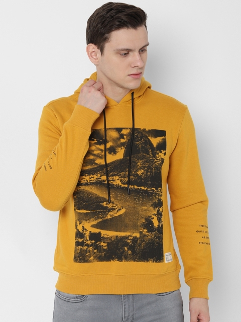 

People Men Yellow Printed Hooded Sweatshirt