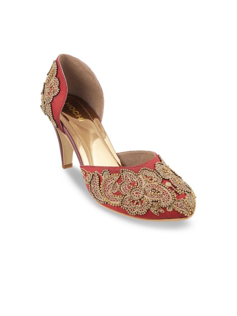 

Mochi Women Maroon & Muted Gold-Toned Embellished Pumps