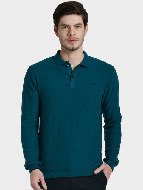 

ColorPlus Men Blue Self Design Polo Collar T-shirt