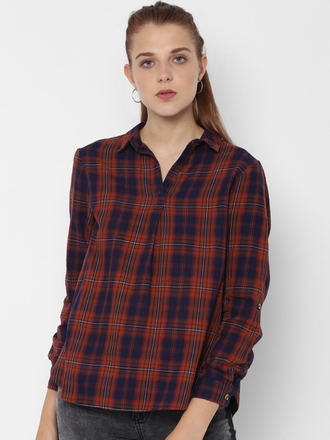 

People Women Brown & Navy Blue Checked Shirt Style Top
