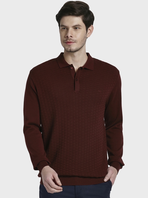

ColorPlus Men Maroon Self Design Polo Collar T-shirt