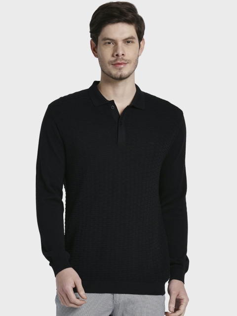 

ColorPlus Men Black Self Design Polo Collar T-shirt