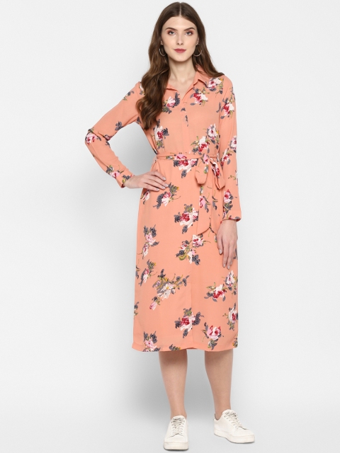 

MIAMINX Women Peach-Coloured Floral Printed Shirt Dress