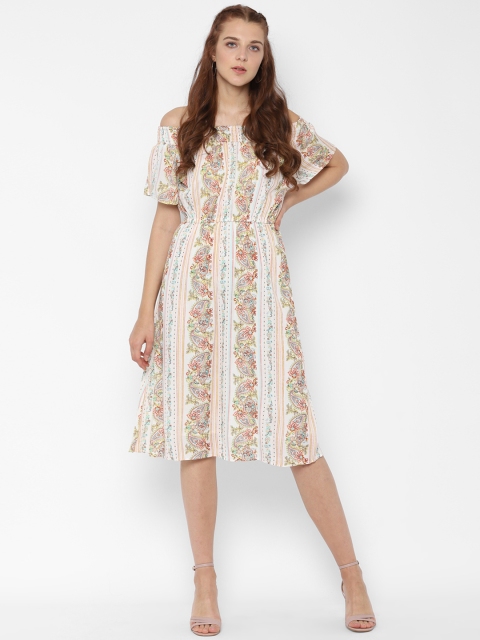 

People Women White & Blue Printed Fit and Flare Dress
