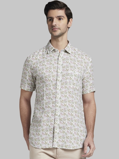 Parx Men Off-White & Green Regular Fit Printed Linen Casual Shirt