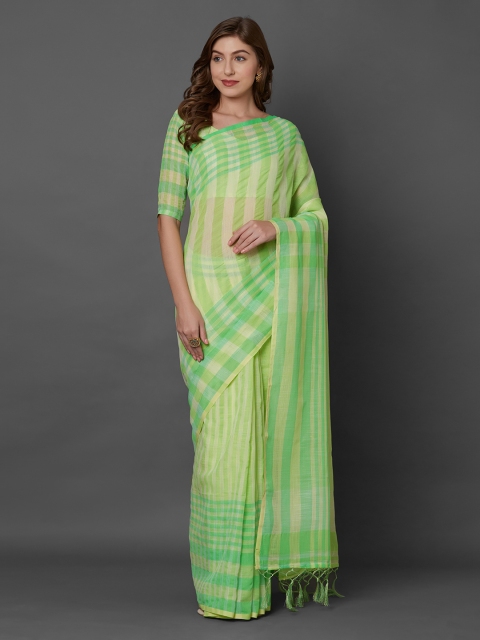 

Mitera Yellow & Green Linen Blend Striped Saree