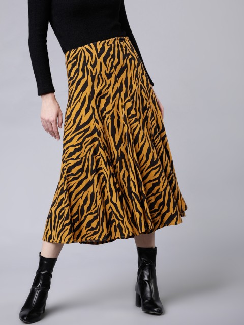 

Tokyo Talkies Women Mustard Yellow & Black Printed Midi Skirt