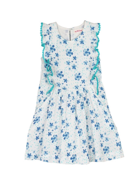 

My Little Lambs Girls Off-White & Blue Floral Print Fit and Flare Dress