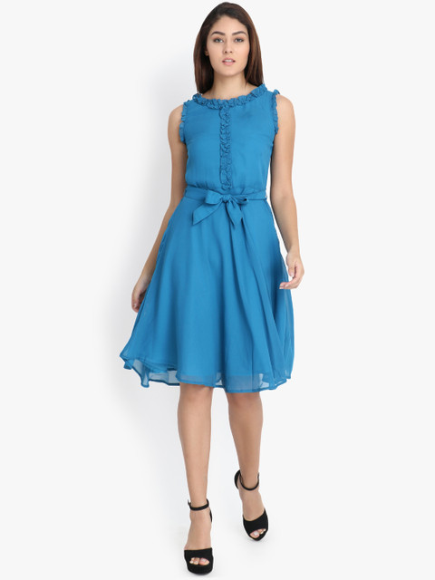 

yelloe Women Solid Blue Fit and Flare Dress