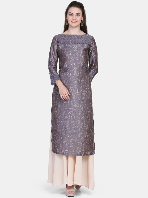 

Ojjasvi Women Lavender Printed Straight Kurta, Grey