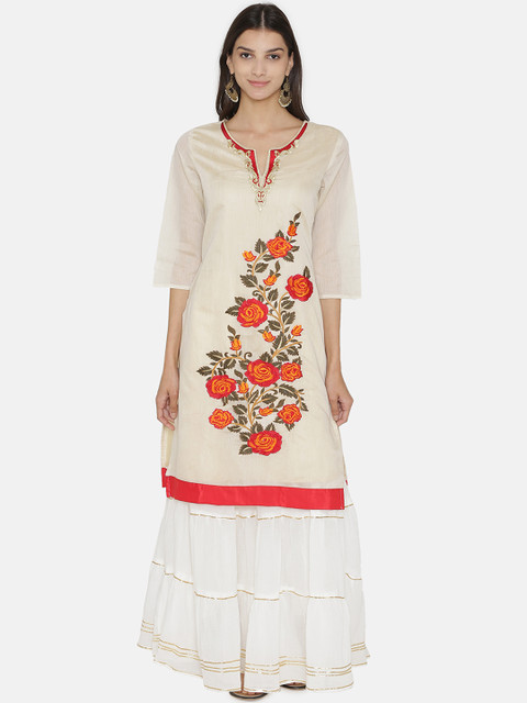 

Kifahari Women Off-White & Red Floral Embroidered Slim-Fit Kurta