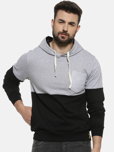 

Campus Sutra Men Black & Grey Colourblocked Hooded Sweatshirt