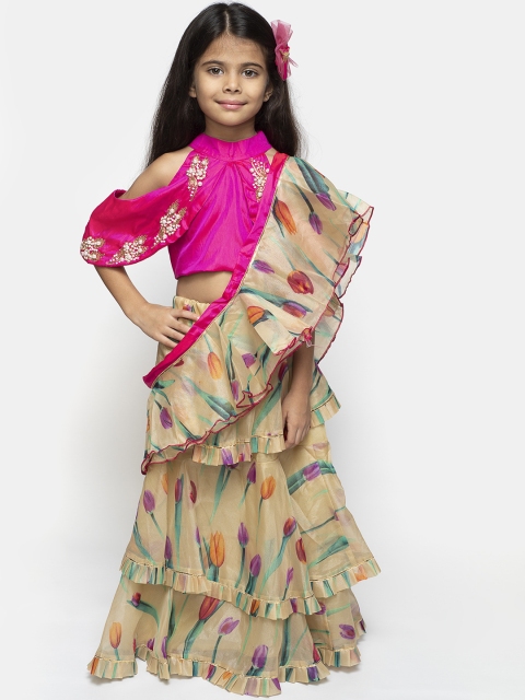 

Fairies Forever Girls Beige & Pink Embroidered Ready to Wear Lehenga & Blouse with Dupatta