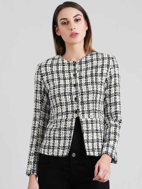 

Zink London Women White & Black Checked Jacket