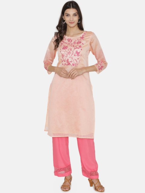 

Kifahari Women Peach & Pink Embroidered Slim Fit Straight Kurta