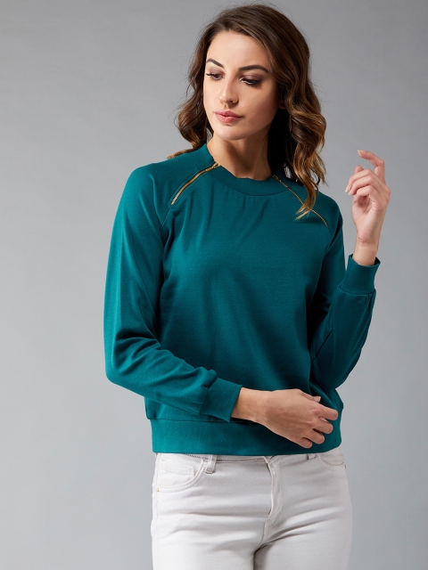 

DOLCE CRUDO Women Teal Blue Solid Sweatshirt