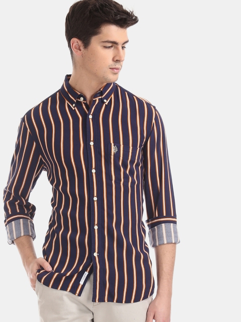 

U.S. Polo Assn. Men Navy Blue & Orange Regular Fit Striped Casual Shirt