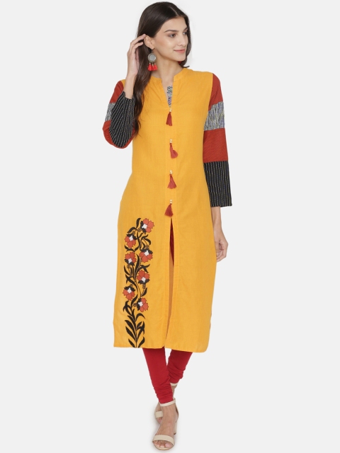 

Kifahari Women Mustard Yellow & Red Solid Calf-Length Kurta