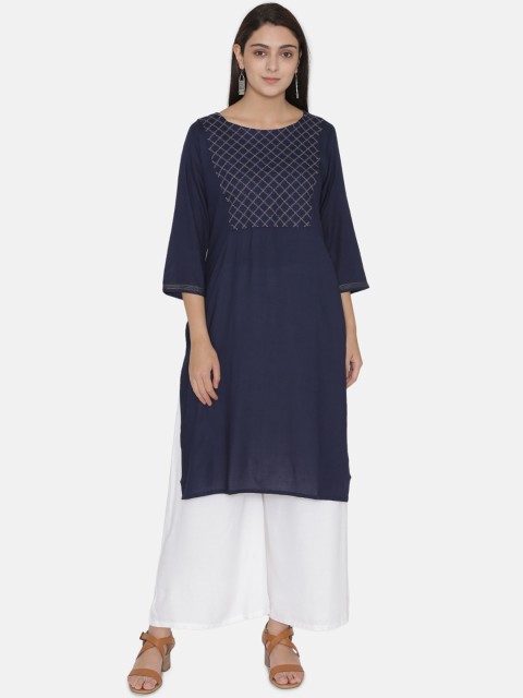 

Kifahari Women Navy Blue Solid Straight Kurta With Jali Embroidery