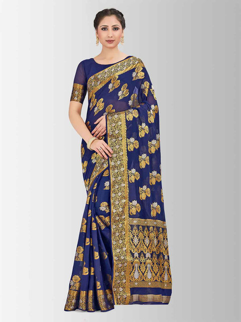 

MIMOSA Navy Blue & Beige Poly Chiffon Woven Design Banarasi Saree
