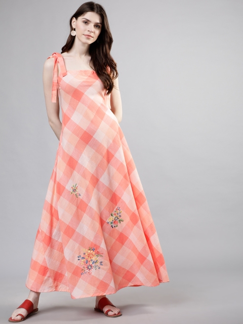 

Vishudh Women Coral Orange Checked A-Line Dress