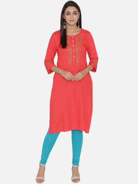 

Kifahari Women Red Embroidered Slim-Fit Knee-Length Kurta