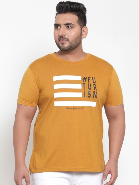 

plusS Men Mustard Yellow Printed Round Neck Pure Cotton T-shirt