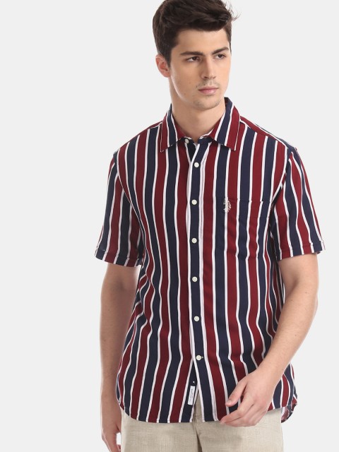 

U.S. Polo Assn. Men Navy Blue & Maroon Regular Fit Striped Casual Shirt
