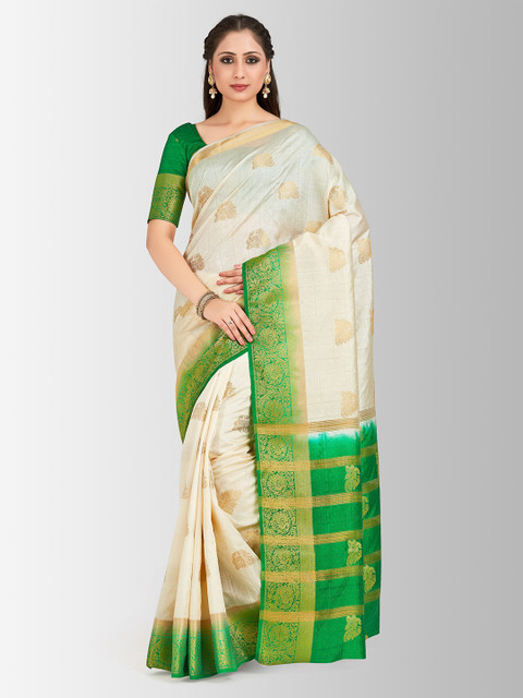 

MIMOSA Off-White & Green Art Silk Woven Design Kanjeevaram Saree