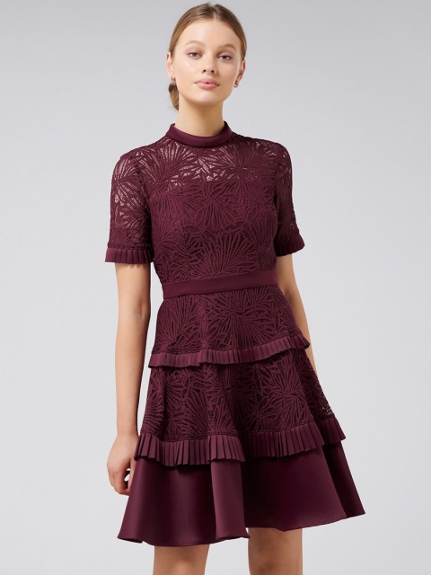 

Forever New Women Self Design Burgundy Fit and Flare Dress