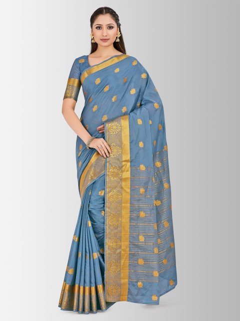 

MIMOSA Blue & Gold-Coloured Poly Crepe Woven Design Mysore Silk Saree