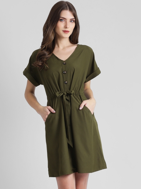 

Zink London Women Solid Olive Green A-Line Dress
