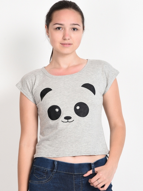 

Everlush Women Grey & Black Printed Round Neck Crop T-shirt