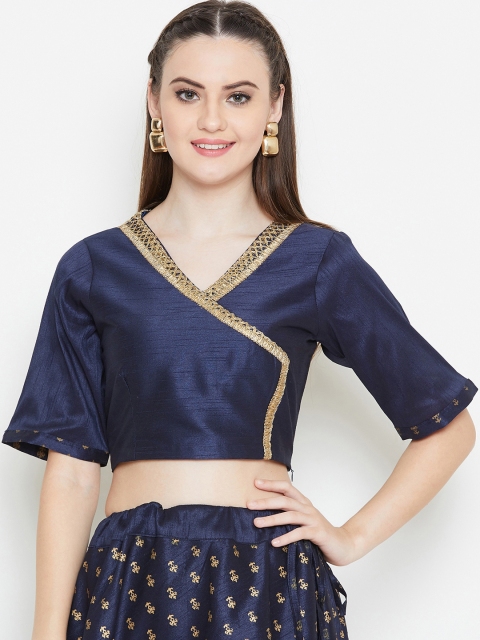 

studio rasa Women Dupion Block Printed Crop Top, Navy blue