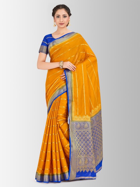

MIMOSA Mustard Yellow & Blue Poly Crepe Striped Mysore Silk Saree