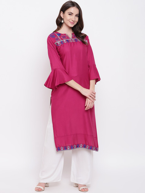 

Napra Women Magenta & Navy Blue Embroidered A-Line Kurta