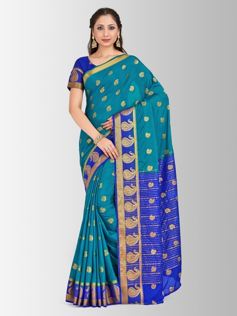 

MIMOSA Teal Green & Blue Poly Crepe Woven Design Mysore Silk Saree
