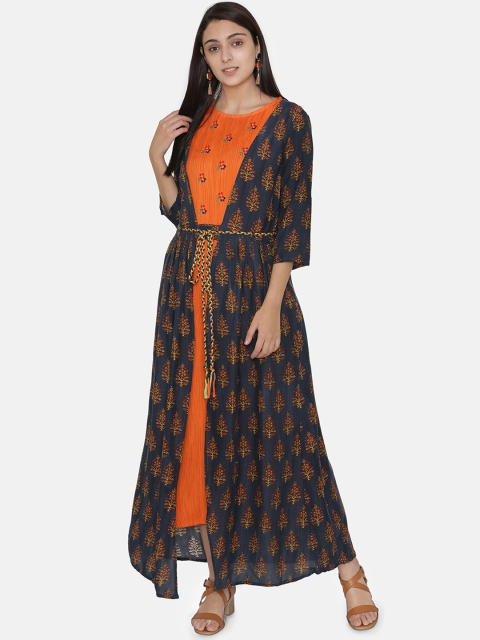 

Kifahari Women Black & Orange Floral Print Layered A-Line Kurta