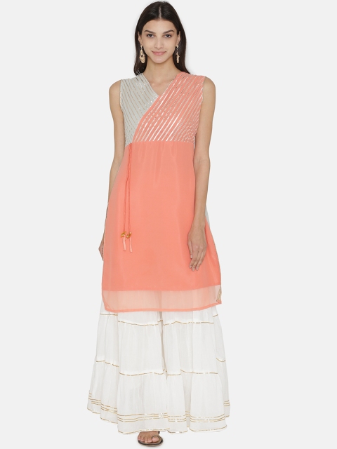 

Kifahari Women Peach & Silver Gota Embroidered Angrakha Kurta