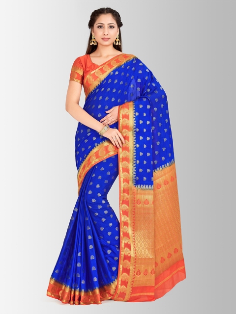 

MIMOSA Blue & Orange Poly Crepe Woven Design Mysore Silk Saree