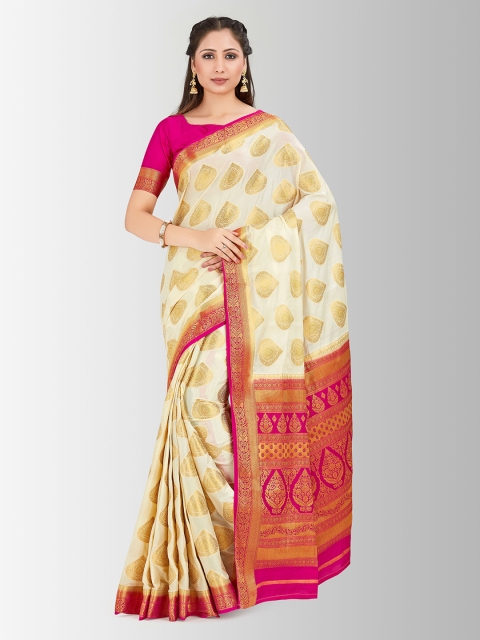 

MIMOSA Off-White & Pink Poly Crepe Woven Design Mysore Silk Saree