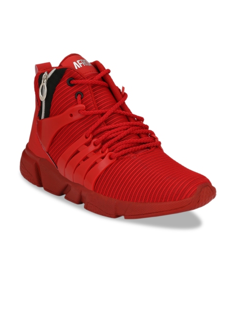 

AfroJack Men Red Textured Mesh Mid-Top Sneakers