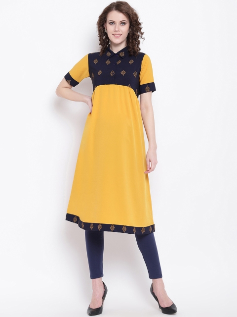

Napra Women Mustard & Navy Blue Colourblocked A-Line Kurta