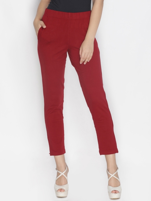 

LYRA Women Maroon Straight Fit Solid Cigarette Trousers