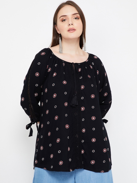 

nexus Plus Size Women Black Printed Longline Top