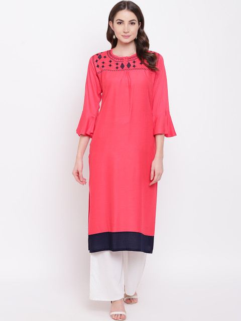 

Napra Women Pink & Navy Blue Embroidered Straight Kurta