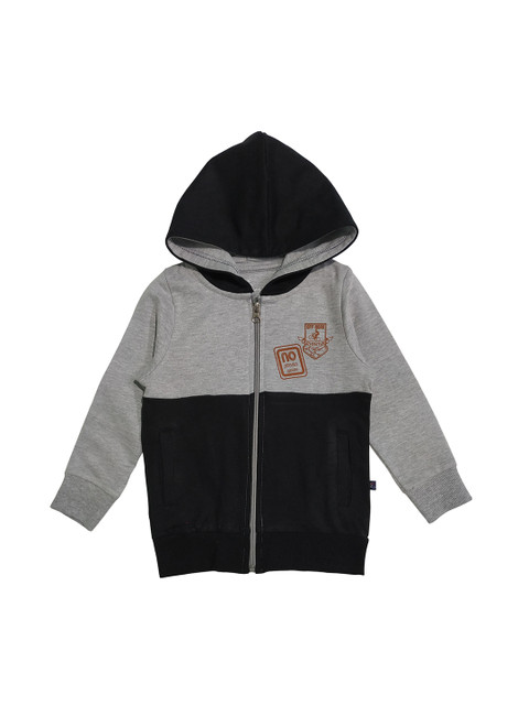 

KiddoPanti Boys Grey Melange & Black Colourblocked Hooded Sweatshirt