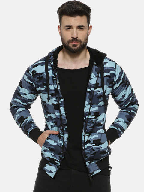 

Campus Sutra Men Blue & Black Printed Hooded Sweatshirt