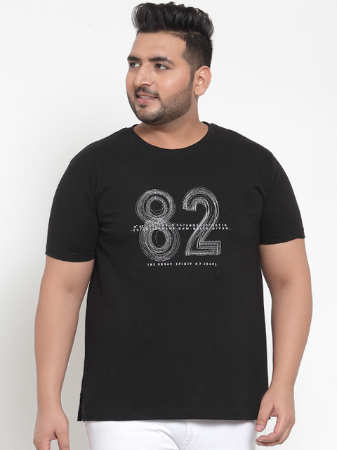 

plusS Men Black Printed Round Neck T-shirt