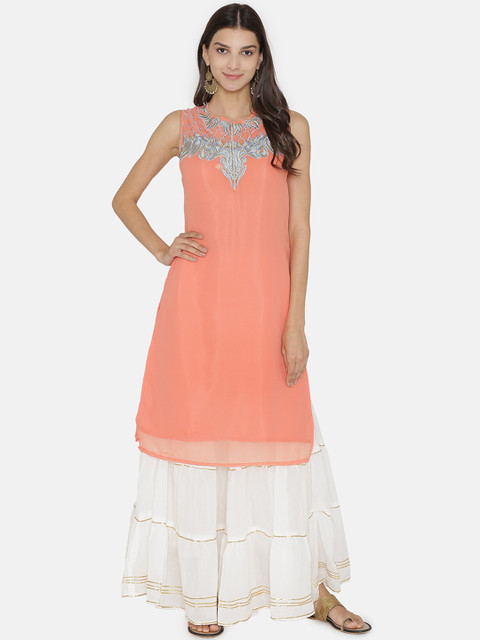 

Kifahari Women Peach Solid Slim-fit Sleeveless Kurta